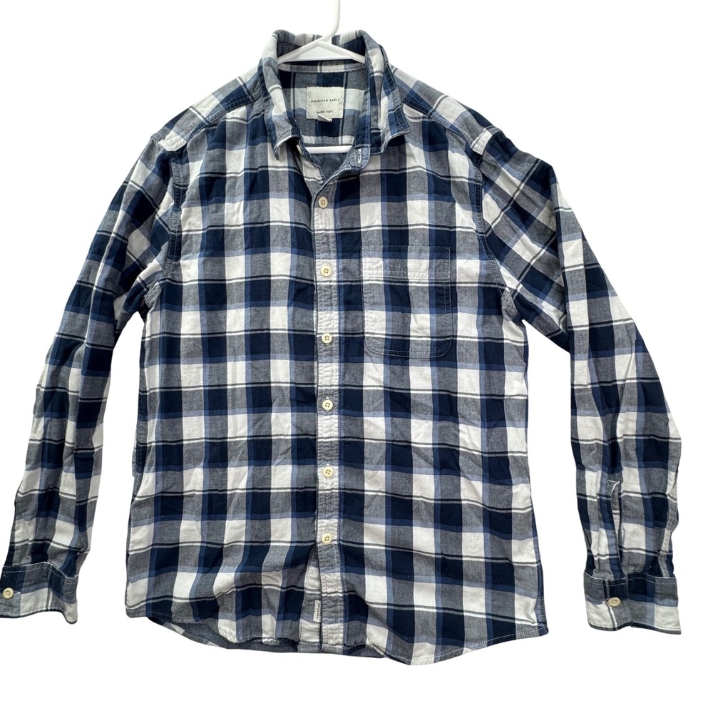 American Eagle Button Up Mens Medium Blue Plaid Super Soft Flannel Casual Shirt